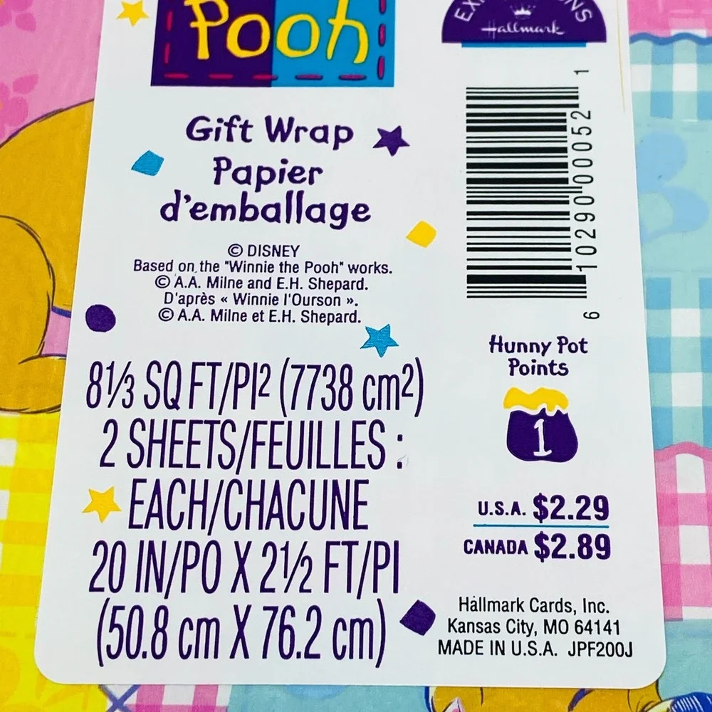 VTG 90s Disney Hallmark Winnie The Pooh‎ Gift Wrap Wrapping Pooh & Piglet Plaid